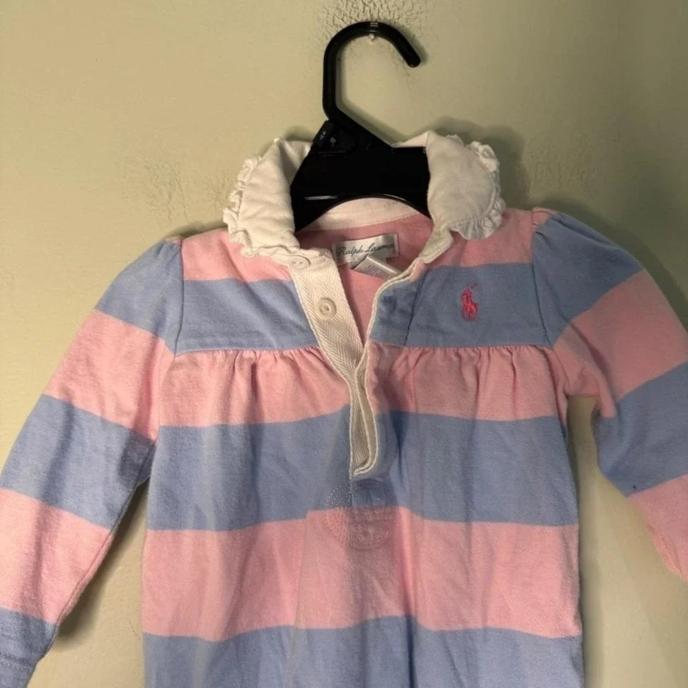 Vintage Ralph Lauren Baby Girl 9M Pink Blue Striped Long Sleeve Romper